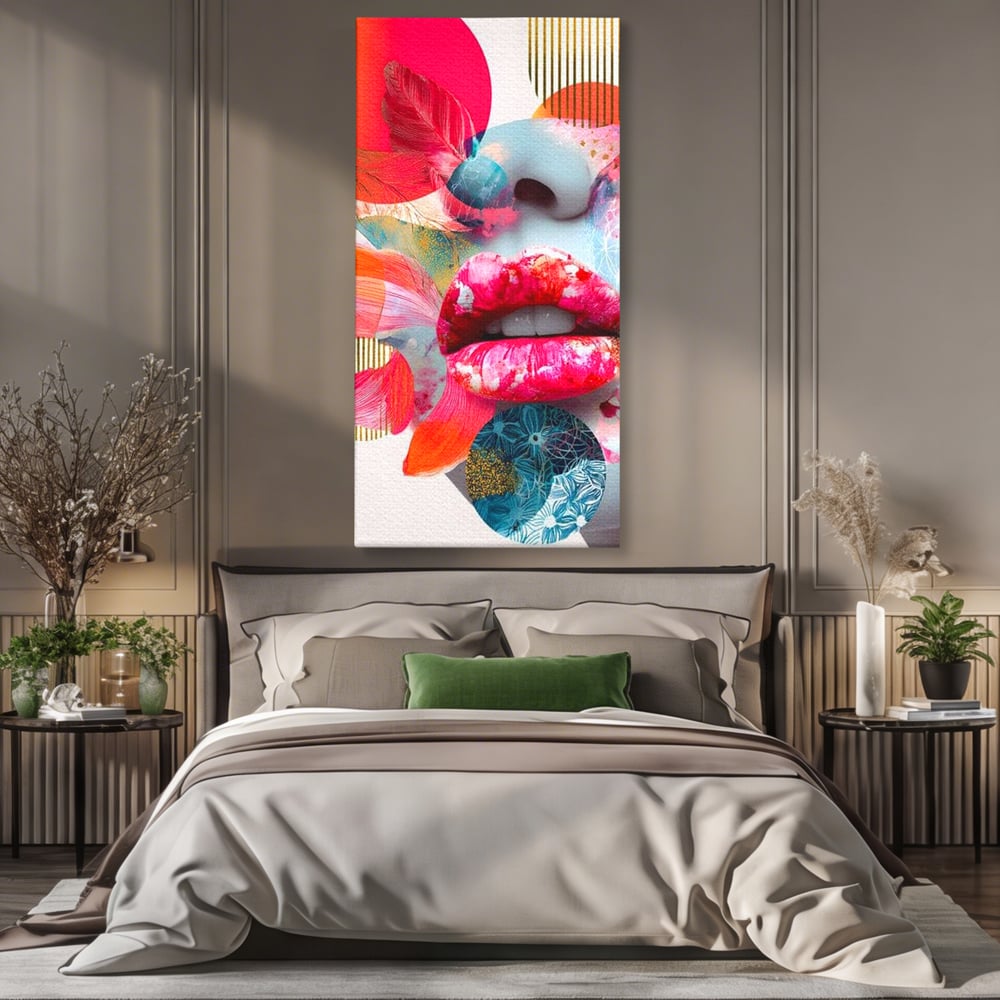 Tablou canvas cu tablou canvas cu buze roz si nas albastru, fara rama, pe sasiu de lemn, pe perete intr-un dormitor
